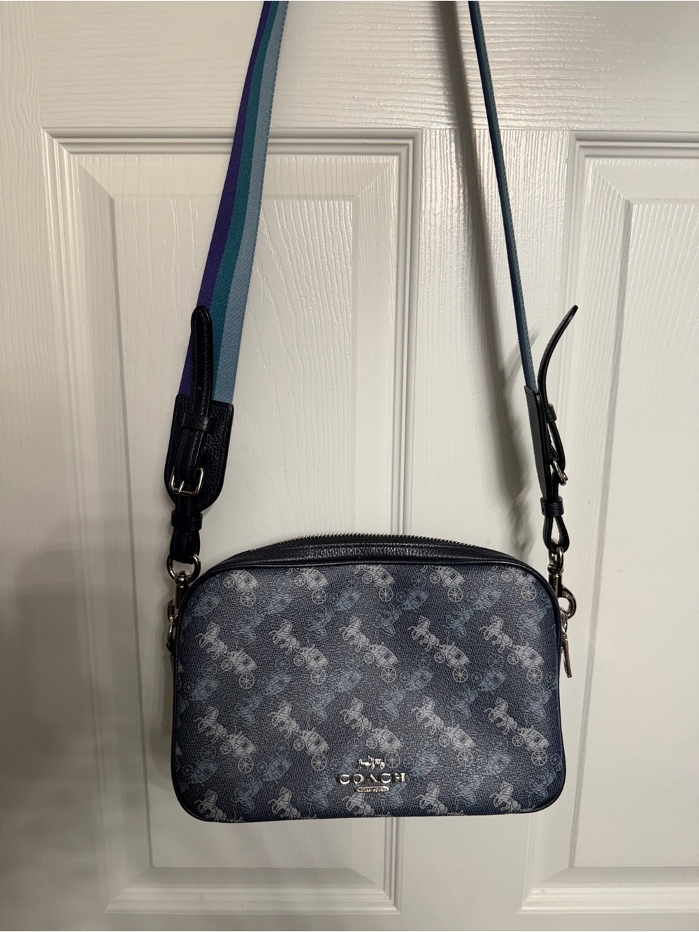 Coach Navy Signature Horse & Carriage Crossbody with Striped Strap